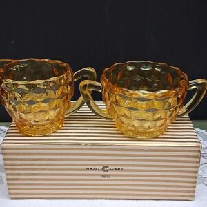 Vintage amber glass creamer and sugar set -cubist depression glass